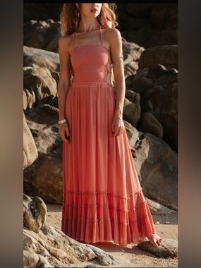 Coral Smocked Maxi Dress with Adjustable Straps